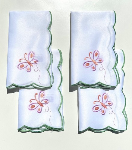 4-Piece White Butterfly Embroidery Green Cutout Edge Fabric Cloth Napkins - Picture 1 of 9
