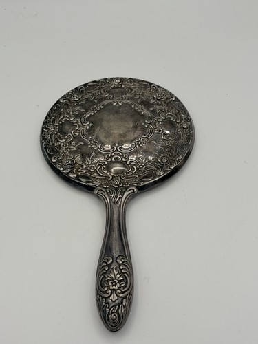 Vintage Silver Plate Floral Ornate Scroll Heavy Handheld Vanity Mirror 9"