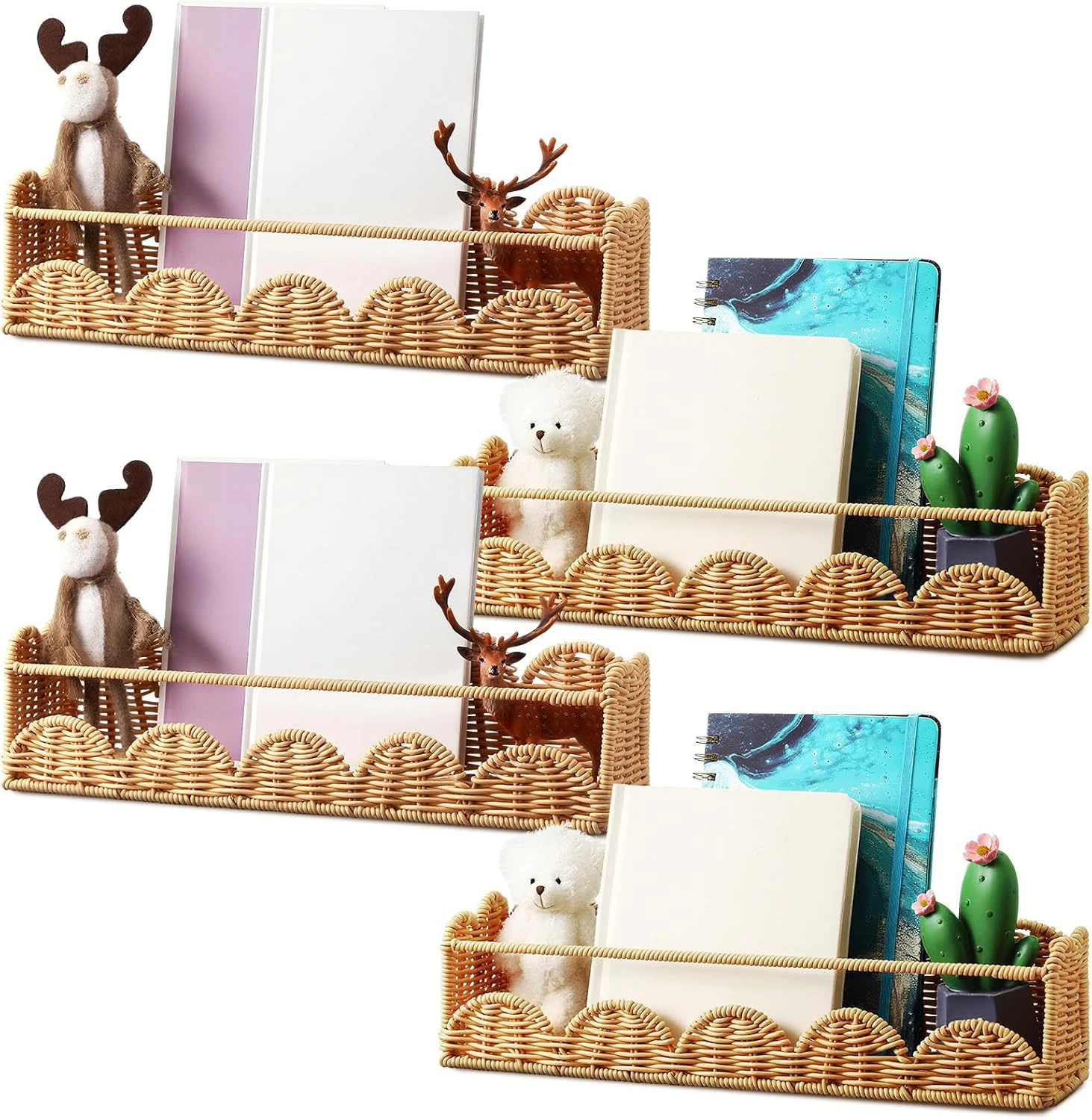 Boho Rattan Wall Shelves - 4 Pcs Scalloped Floating Bookshelf for Nursery