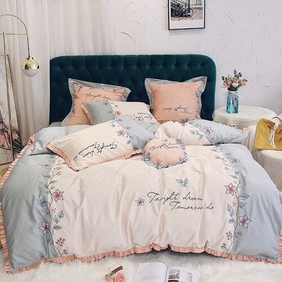4pcs Korean Style Princess Cotton Embroidery Flower Cotton Cover Bed Bedding Set