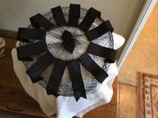 WOMENS VINTAGE CROWN HAT / black ribbons with black netting / Round