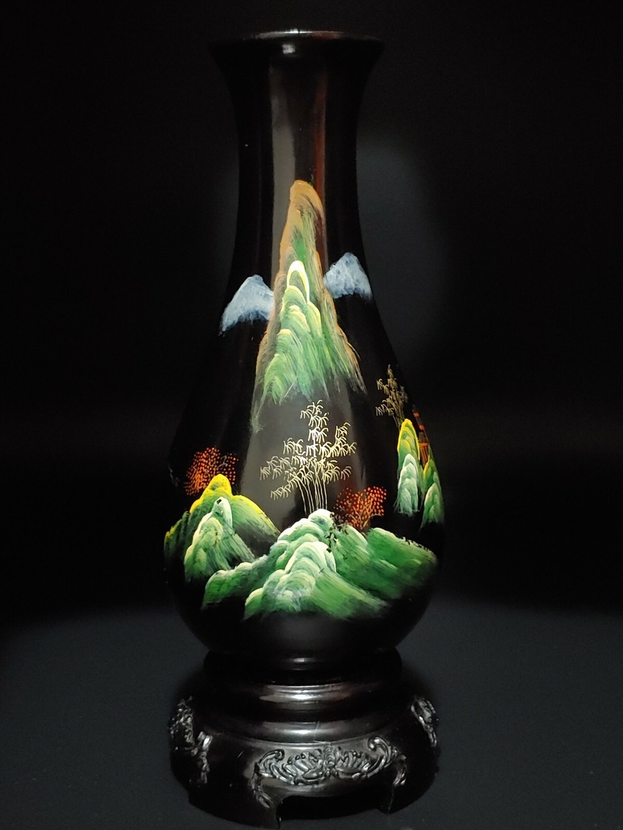 福建脱胎漆器描金青绿山水瓶Vintage Chinese lacquerware Vases 福建脱胎漆器描金青绿山水瓶Vintage Chinese lacquerware Vases