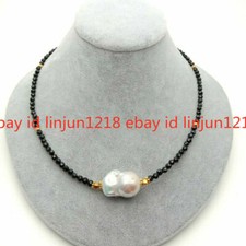 Natural 4mm Faceted Black Spinel 15-20mm White Keshi Pearl Necklace 16-28''
