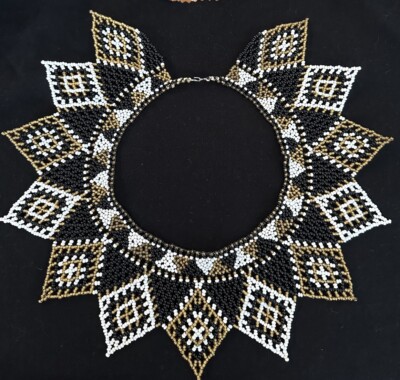 Native American Seed Bead Collar Bib Necklace White Black Beige Handmade Unique