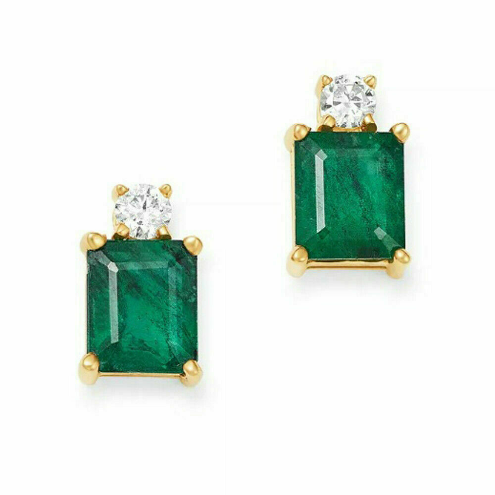 2.00 Ct Green Simulated Emerald Stud Earrings Yellow Gold Plated Silver For Gift