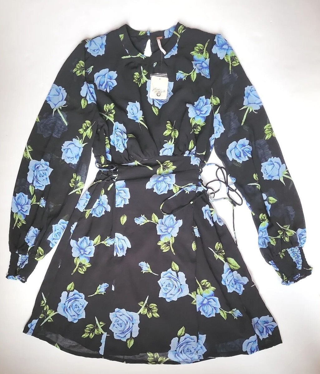 Free People Samantha Lace Up Mini Dress Black Floral Blue Combo Sz XSmall NWT Free People Samantha Lace Up Mini Dress Black Floral Blue Combo Sz XSmall NWT