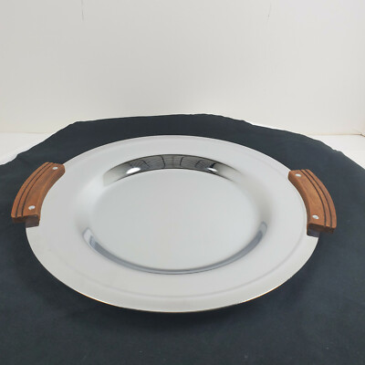 MCM Kromex Round Serving Platter Tray Made In USA Wood handles 10 1/4  Dia