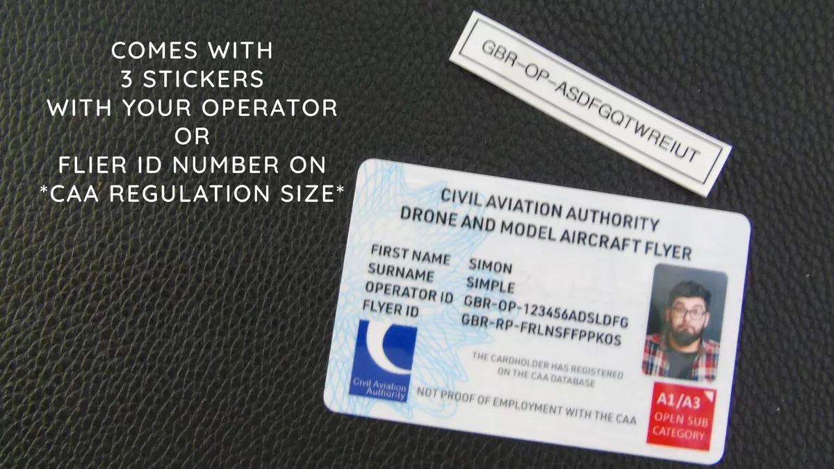 UK CAA A1 A3 Registered Drone Aircraft Operator ID card lanyard 3 Stickers
