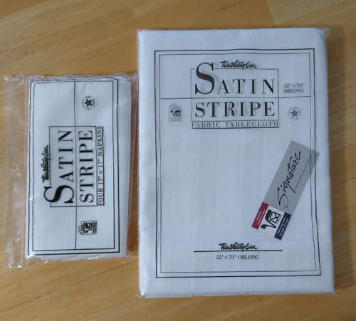 Vtg Town & Country Linen Satin Stripe Fabric Tablecloth 52"X70” & Napkin set New - Picture 2 of 13