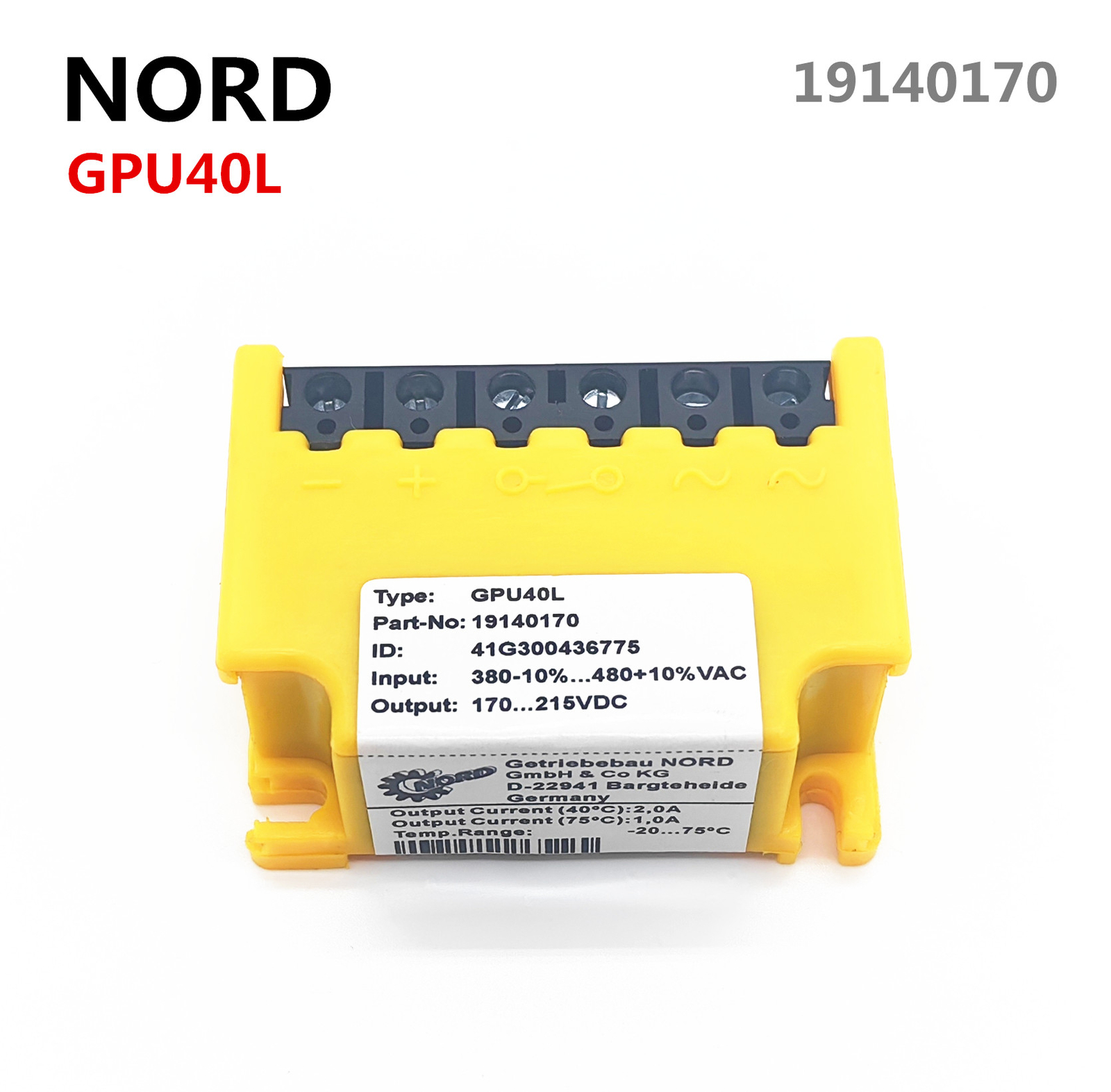 NORD GPU40L (19140170) 380-10%-480VAC 170-215VDC brake rectifier block device