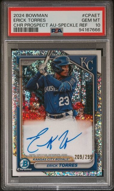 Erick Torres 2024 1st Bowman Chrome Prospect Speckle CPA-ET /299 Auto KC PSA 10