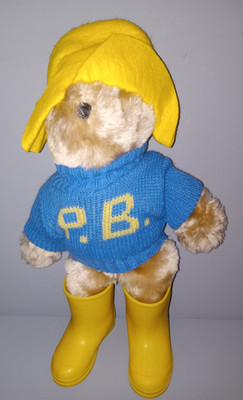 Paddington Bear Plush 14'' Yellow Hat Blue Sweater Boots Galoshes Rare
