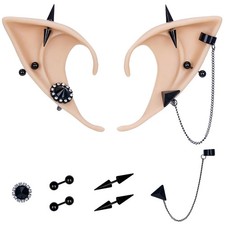 Gothic Elf Ears with Black Piercings Set, Renaissance Fairy Elven Pixie Ears wit
