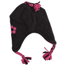 Girls Black  Hot Pink Fleece Flower Trapper Hat
