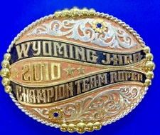 Wyoming Junior Rodeo (JHRA) Champion Team Roper Trophy Copper Gist Belt Buckle