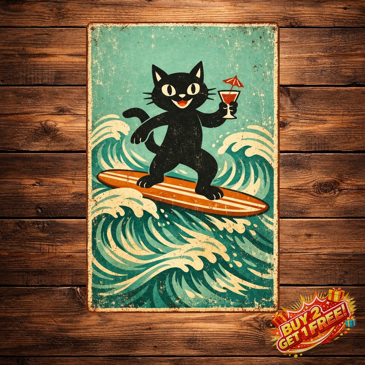Surfing Cat Vintage Metal Sign 8x12 Summer Beach Theme Wall Decor