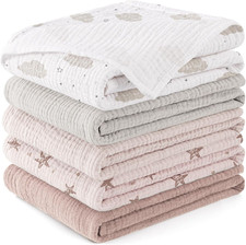 Muslin Burp Cloths Baby Washcloths 100 Cotton Burp Cloths Baby Girl 5 Pack, Abs
