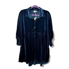 Umgee Teal Blue Velvet Tiered Babydoll Tunic Mini Dress Small NEW