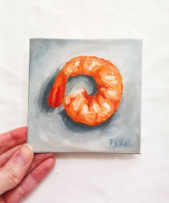 Shrimp Seafood ORIGINAL Oil Painting Still Life Small Food Art 4''x4''