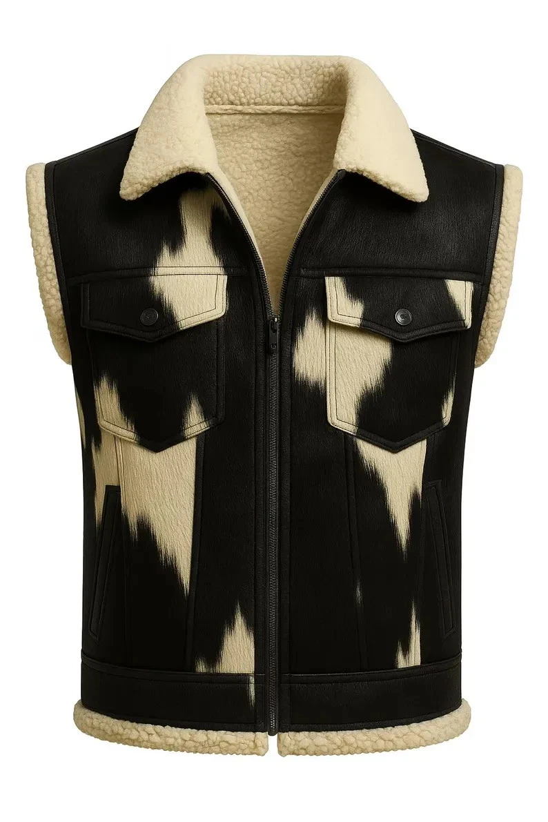 Men's Real Hair-On Genuine Cowhide Leather Shearling Vest New Style Fur Vest