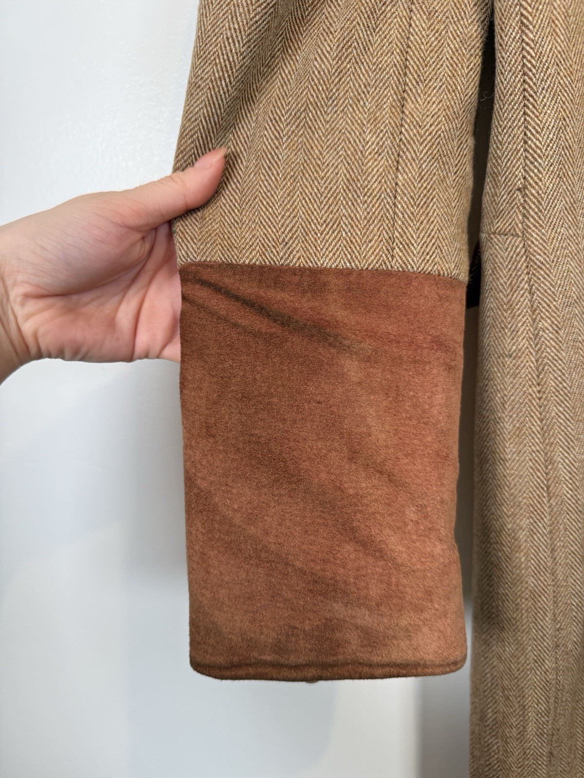 Holland Cooper Coat Size UK 16 Brown Tweed Wool Suede Long Blazer Jacket Country