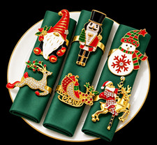 Set of 6 Christmas Metal Napkin Rings &ndash; Gold Tone Decorative Holiday Designs