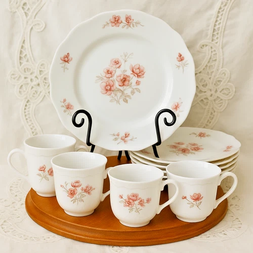VTG  Arcopal France Pink Floral 12 Piece Dinner Set Cups/Bowls/ Plates Cottage