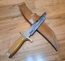 VNTG HAROLD CORBY ENGRAVED LARGE BOWIE KNIFE, BRASS ENGRAVED CAP GAURD, 12.75"