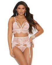 Elegant Moments 30021 Eyelash Lace Bralette Set - 3 Piece Strappy Detail Thong 