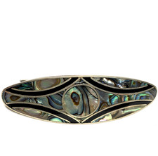 Vintage Oval Alpaca Silver Abalone Black Enamel Hair Clip Barrette 1 1/8 x 3 1/4