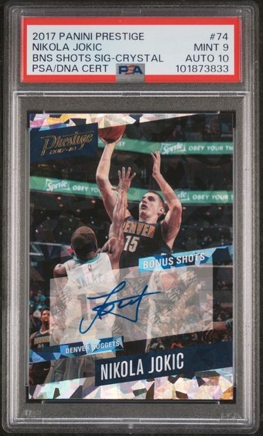Nikola Joki Autographed Signed Denver Nuggets Nikola Jokic 2017-18 Prestige Cracked Ice Crystal s PSA 9 - 10 Auto 