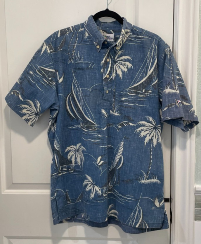 Vintage Reyn Spooner Key Largo Aloha Hawaiian Shirt Sailboats Palm Trees Men’s M