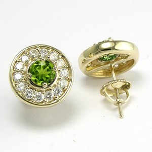 14k Solid Yellow Gold Peridot and Diamond Stud Earrings #E555