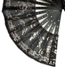 Vintage Lace  Sequin Noir Hand Fan 9.75"W 5.25"H