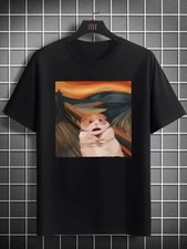 Men's Fashionable Black T-Shirt with Abstract Hamster Art Print - Casual, Light