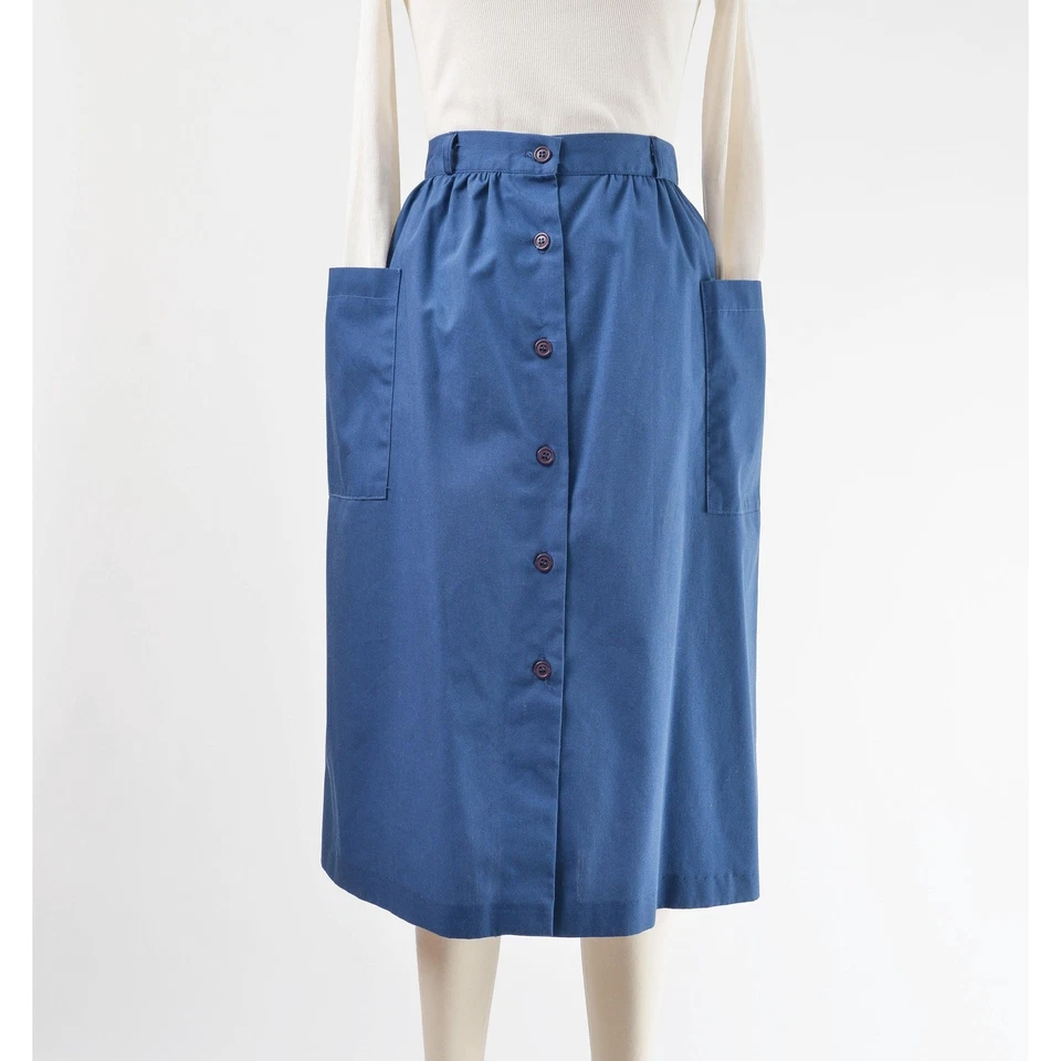 Falda Midi Vintage Años 70 Azul Marino Mezcla Algodón Botón Frontal con Bolsillos M Foto 2 de 4