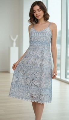 Hibis Lace Works Women's Dress Sleeveless Lined Embroidered Blue/White Size L