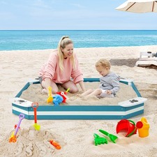 Outdoor Wooden Sandbox Animal Pattern Backyard Kids Sandpit w/ 4 Built-in Seats