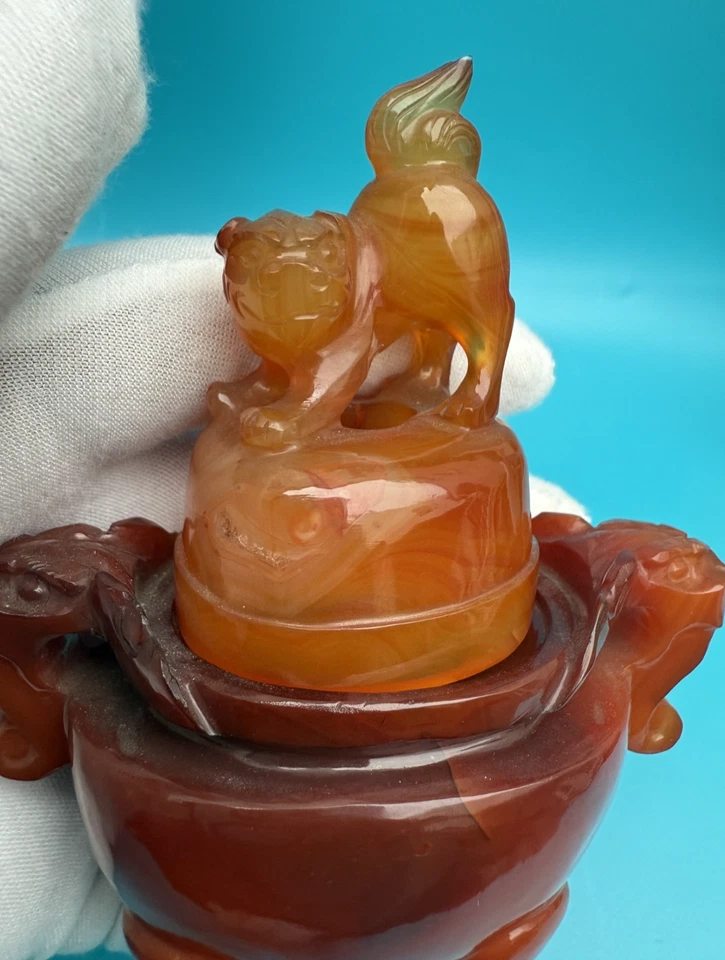 Antique / Early Vintage Chinese Hand Carved Carnelian Foo Lion Incense Burner - Image 2 of 4