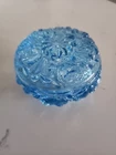 Vintage Fenton Art Glass Blue Floral Powder Jar Trinket Box with Lid