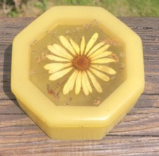 Vintage Lucite/Acrylic Dried Sunflower 4” Octagonal Trinket Box. Made In USA.