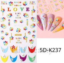 5D Embossed French Colorful Flower Love Daisy Fingers Toe Nail Art Stickers NS13