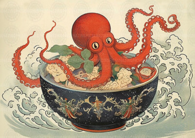 Japanischer Oktopus Ramen Kunstdruck skurriles Essen Retro Welle Meer Krake A18