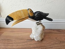 Hand Carved Toucan Bird Sculpture Sitting On Raw Crystal