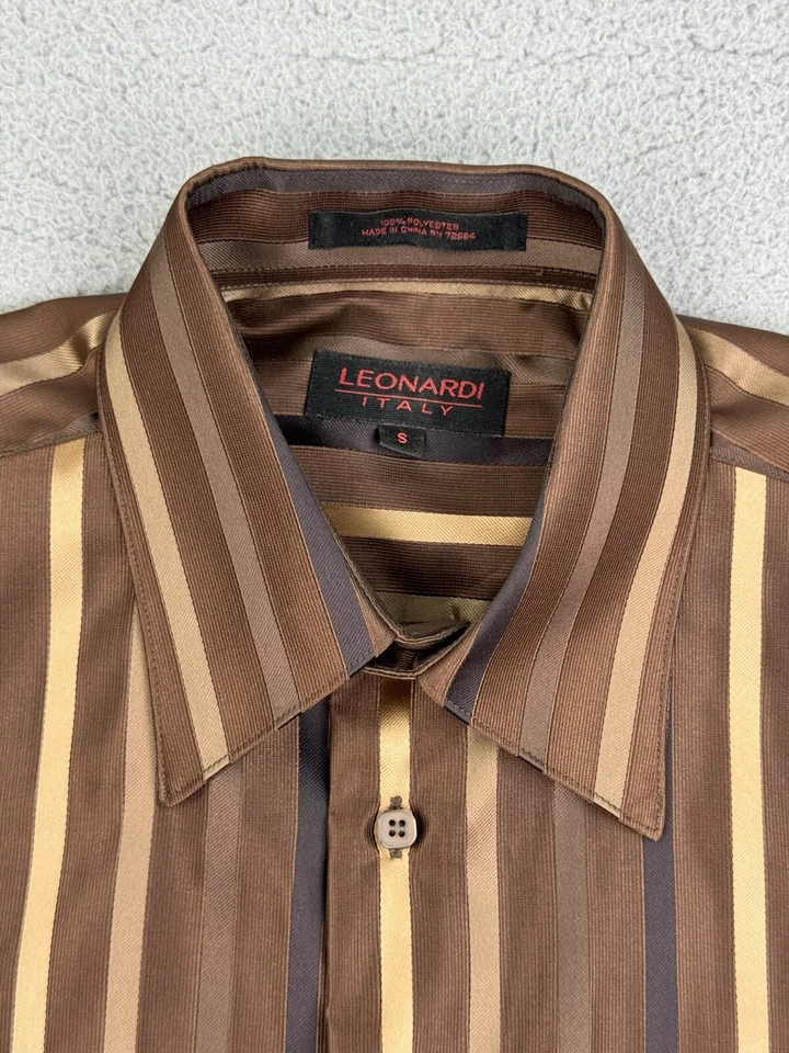 LEONARDI 意大利衬衫男式 S 棕色长袖纽扣条纹 — 第 3/4 张图片