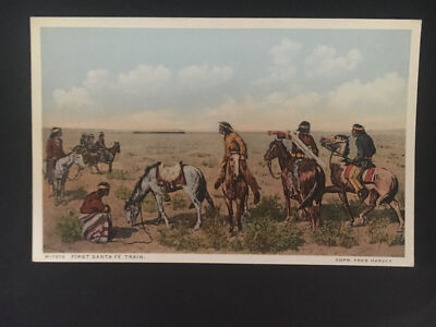 Mint NM USA Postcard Native American Indian Watching First Santa Fe Train PPC