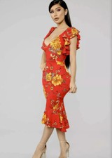 For Fashion Nova Thinking With My Head Floral Midi Dress - Red/Combo XS Women