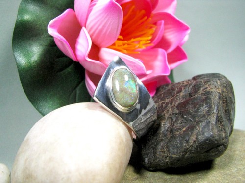 Sterling Silver Opal Ring - Handmade Ring Bezel Setting Australian Opal Ring - Zdjęcie 6 z 12