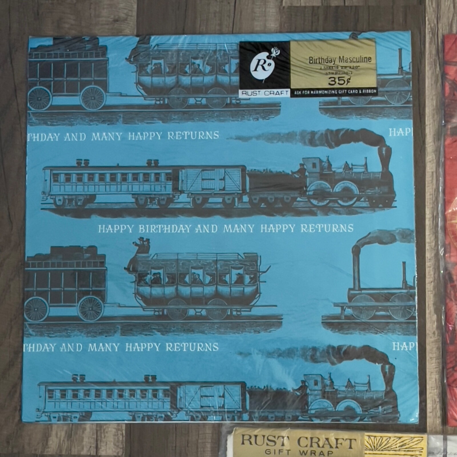 Vintage Gift Wrap Masculine Male Retro Paper Boxing Trains Ships Rust Craft