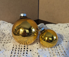 Lot of 2 Gold Glass Christmas Ornaments, Lrg, Sml, MCM, Made in USA, Shiny Brite